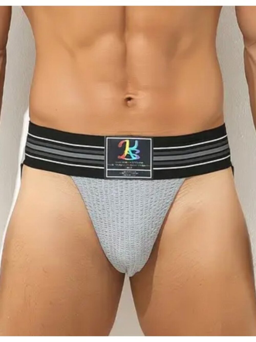 Mens XL Jockstrap Athletic Supporter*Striped Black Waistband*Gray Pouch*Gay*NIP